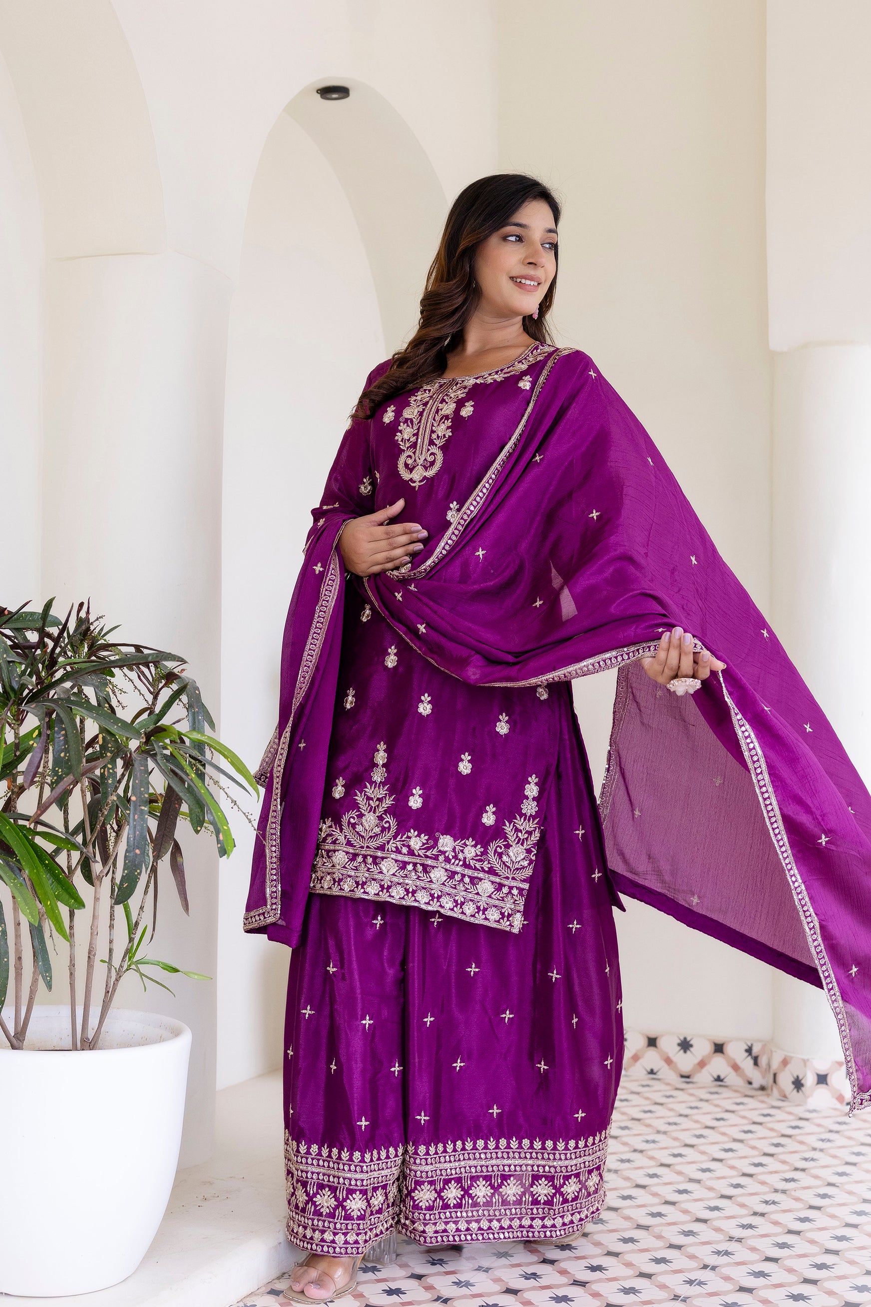 Lehenga Mart Designer Chinon Ready to wear Kurta Palazzo Dupatta for Women - Wine