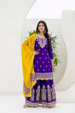 Thumbnail for Lehenga Mart Designer Chinon Ready to wear Kurta Palazzo Dupatta for Women - Purple