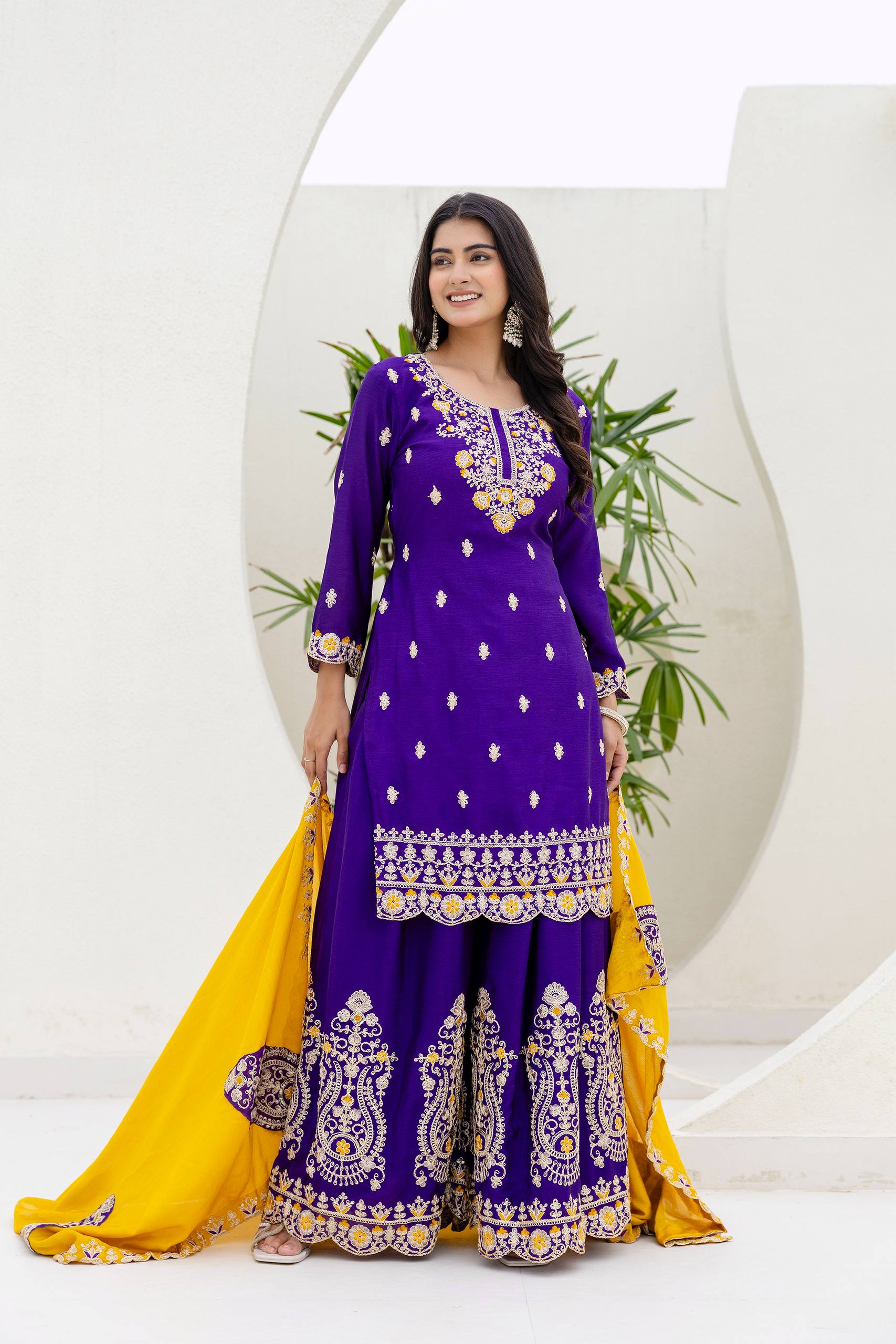 Lehenga Mart Designer Chinon Ready to wear Kurta Palazzo Dupatta for Women - Purple