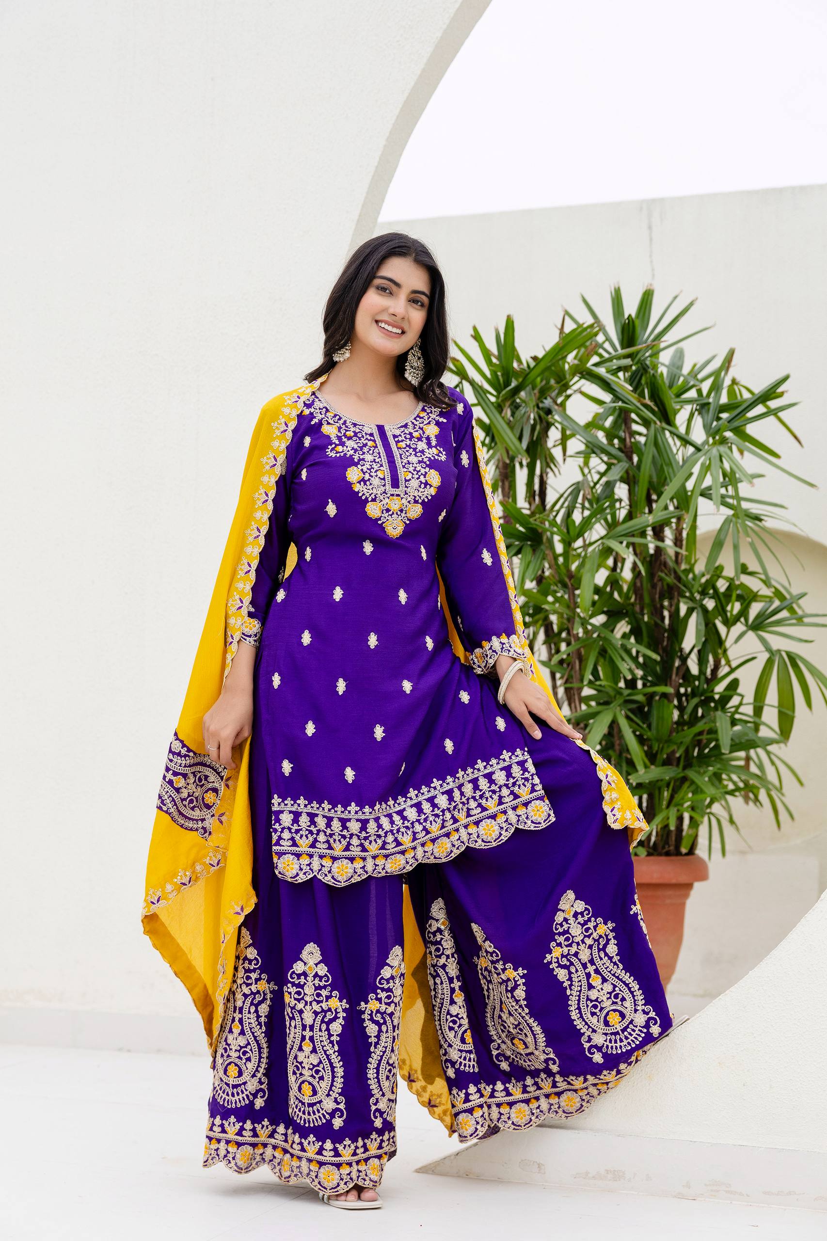 Lehenga Mart Designer Chinon Ready to wear Kurta Palazzo Dupatta for Women - Purple