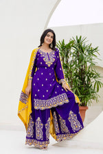 Thumbnail for Lehenga Mart Designer Chinon Ready to wear Kurta Palazzo Dupatta for Women - Purple