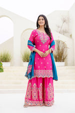 Thumbnail for Lehenga Mart Designer Chinon Ready to wear Kurta Palazzo Dupatta for Women - Pink