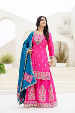 Thumbnail for Lehenga Mart Designer Chinon Ready to wear Kurta Palazzo Dupatta for Women - Pink