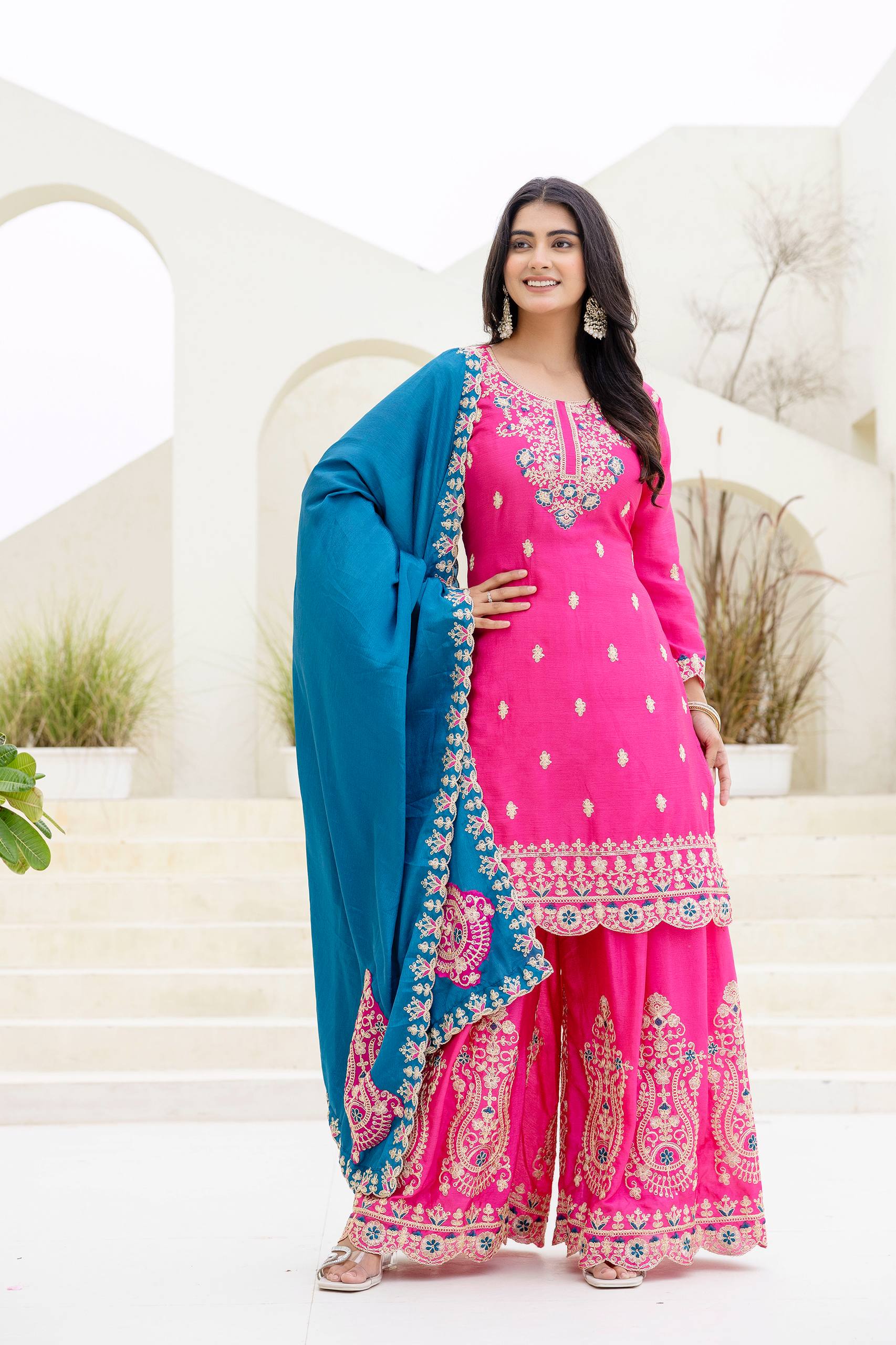 Lehenga Mart Designer Chinon Ready to wear Kurta Palazzo Dupatta for Women - Pink