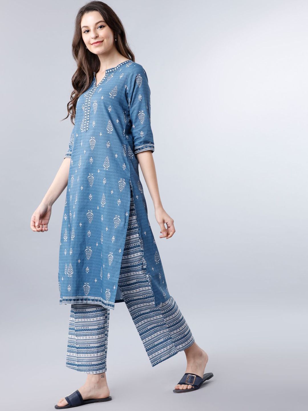 Vishudh Ethnic Motifs Printed Mandarin Collar Cotton Straight Kurta - Distacart