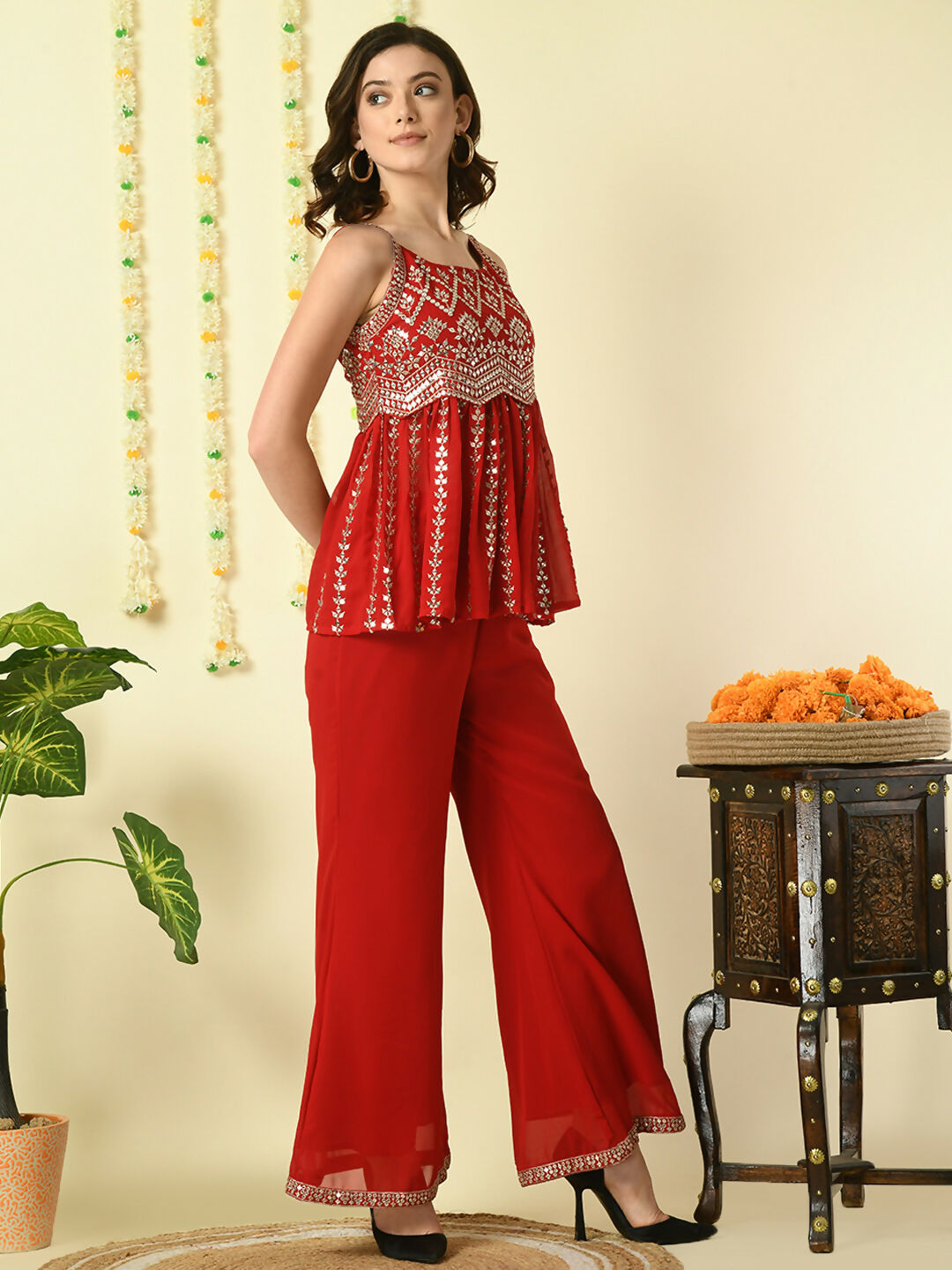 Myshka Women's Red Georgette Top With Palazzos Party Sets - Distacart