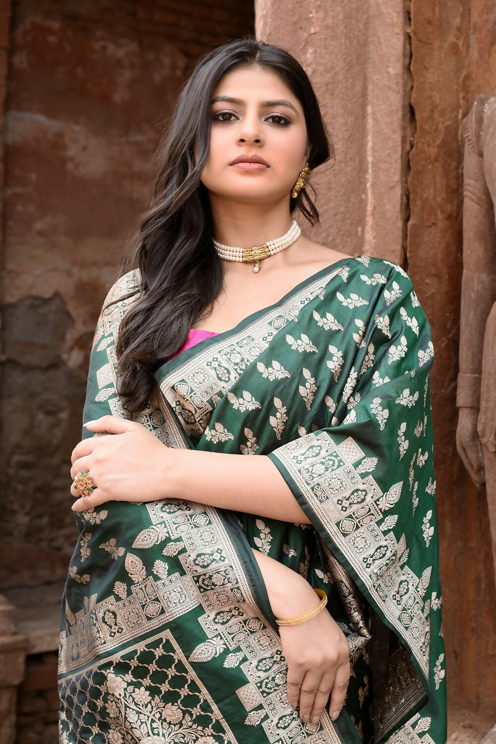 Joban Fashion Emerald Green Banarasi Katan Pure Handloom Banarasi Silk Saree