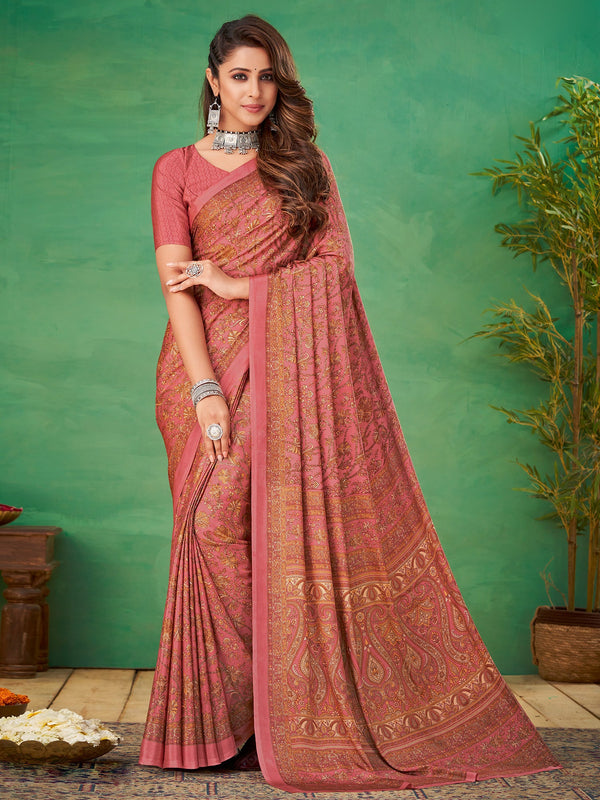 NOZ2TOZ Women's Crepe Pink Printed Designer Saree With Blouse Piece - Distacart