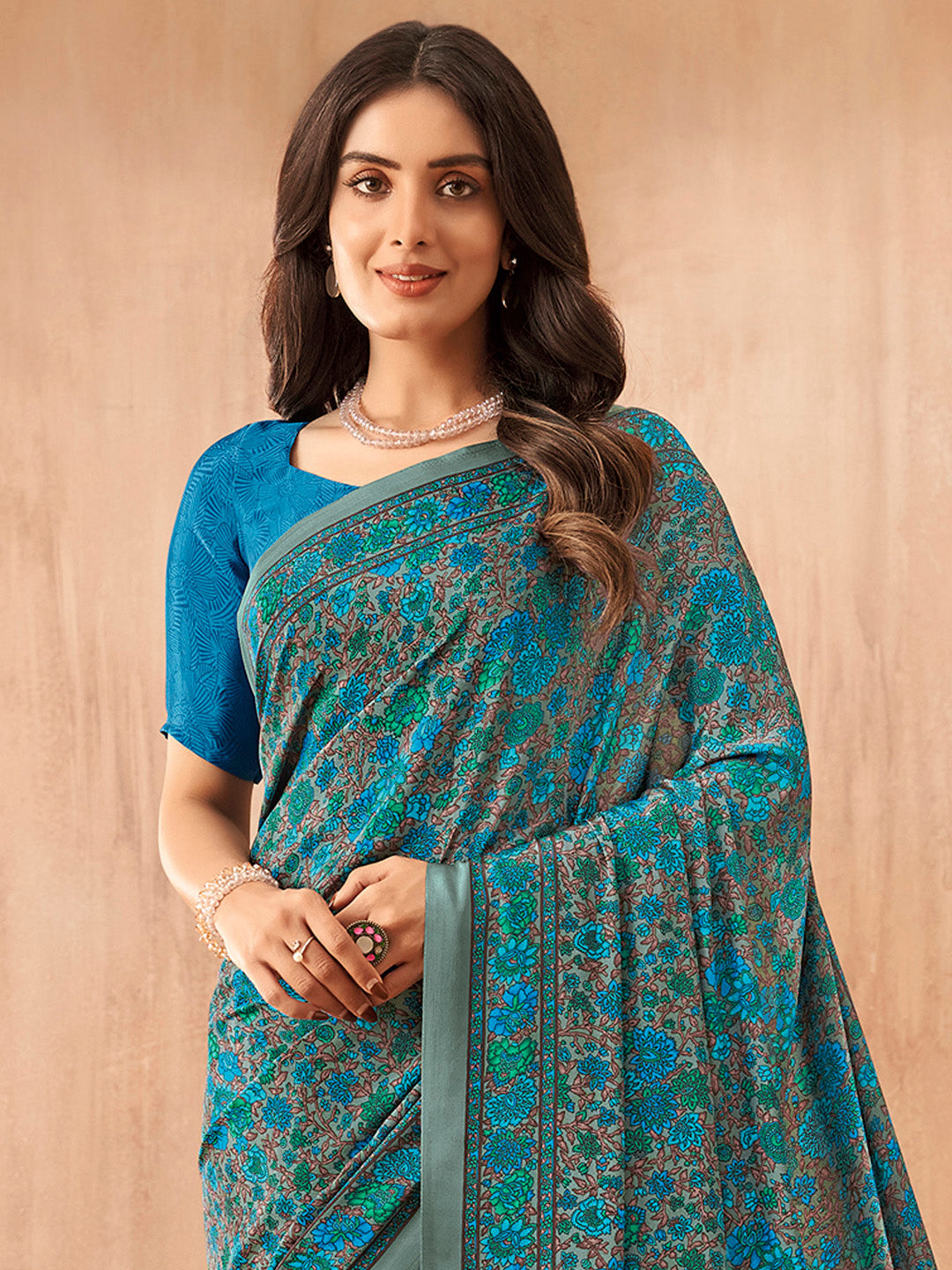 NOZ2TOZ Women's Crepe Blue Printed Designer Saree With Blouse Piece - Distacart
