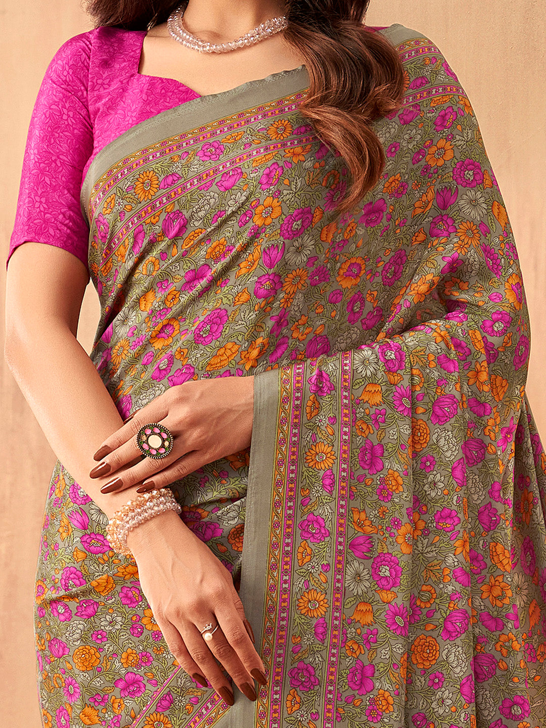 NOZ2TOZ Women's Crepe Pink Printed Designer Saree With Blouse Piece - Distacart