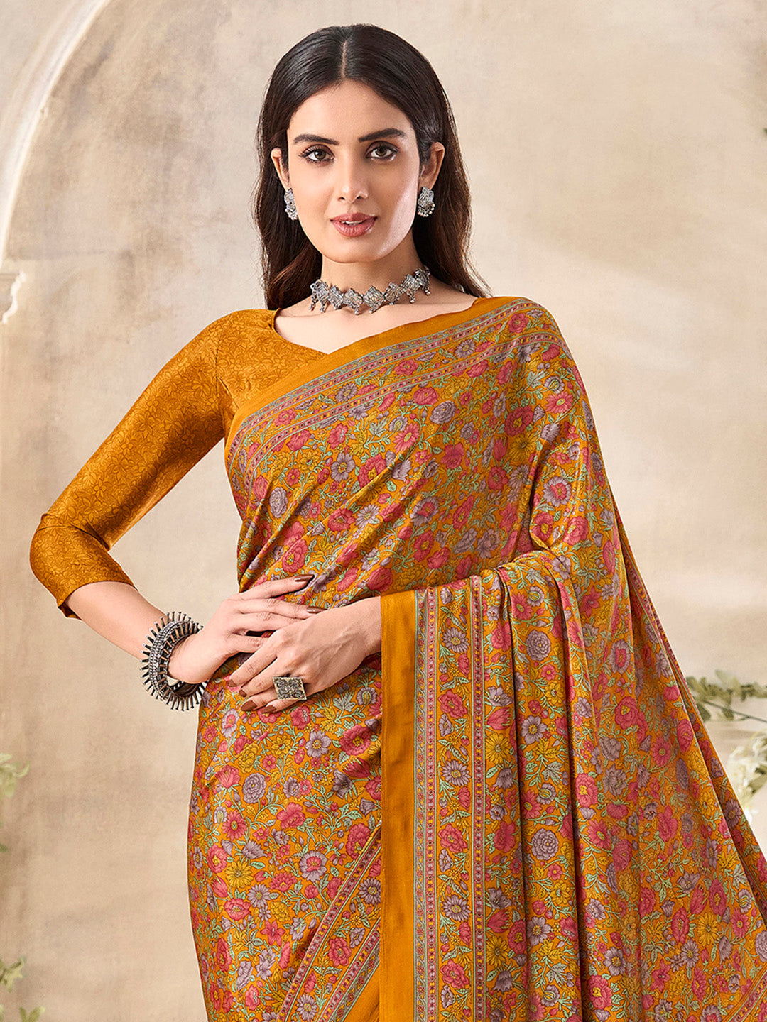 NOZ2TOZ Women's Crepe Mustard Printed Designer Saree With Blouse Piece - Distacart