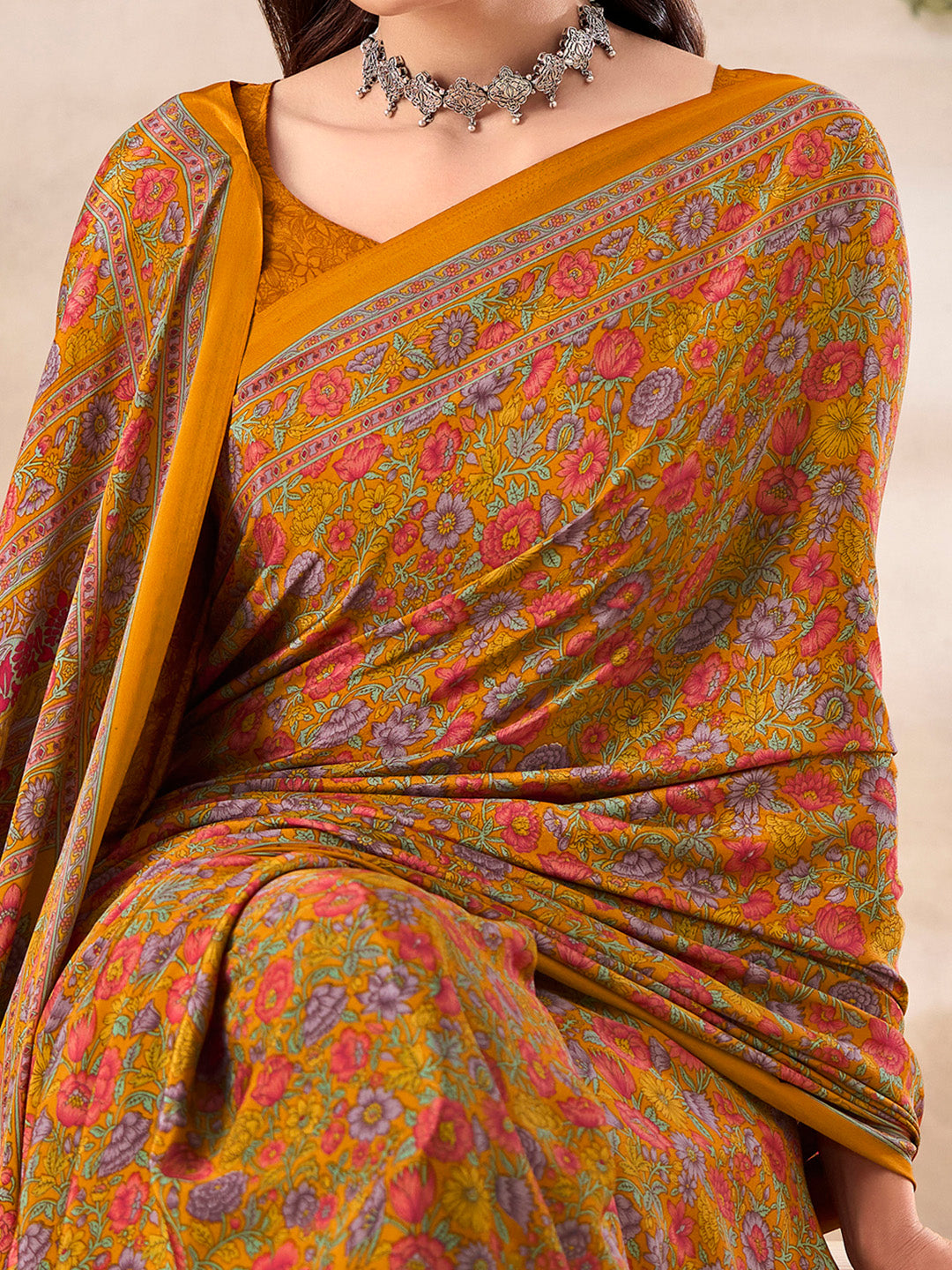 NOZ2TOZ Women's Crepe Mustard Printed Designer Saree With Blouse Piece - Distacart