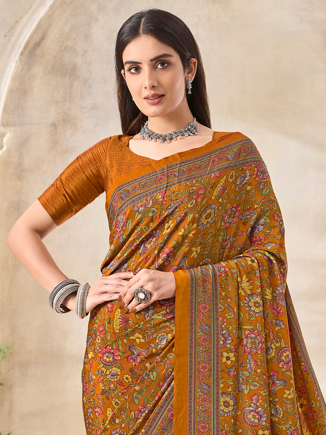 NOZ2TOZ Women's Crepe Mustard Printed Designer Saree With Blouse Piece - Distacart