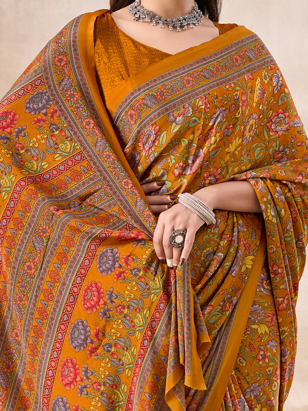 NOZ2TOZ Women's Crepe Mustard Printed Designer Saree With Blouse Piece - Distacart