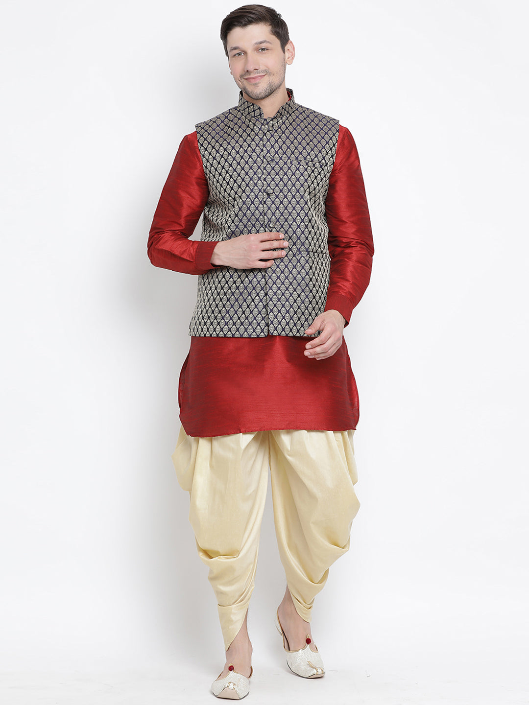 VM by Vastramay Men's Maroon Silk Blend Jacket, Kurta And Dhoti Set - Distacart