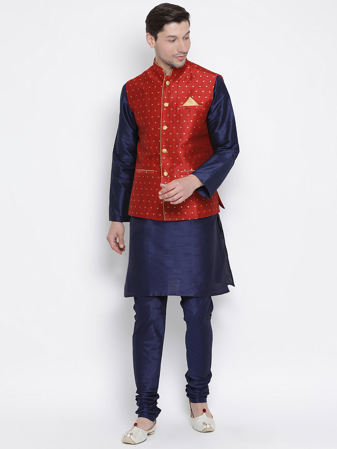 VM by Vastramay Men's Deep Blue Silk Blend Jacket, Kurta And Pyjama Set - Distacart