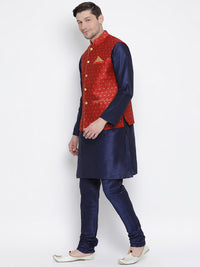 Thumbnail for VM by Vastramay Men's Deep Blue Silk Blend Jacket, Kurta And Pyjama Set - Distacart