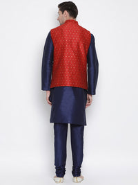 Thumbnail for VM by Vastramay Men's Deep Blue Silk Blend Jacket, Kurta And Pyjama Set - Distacart