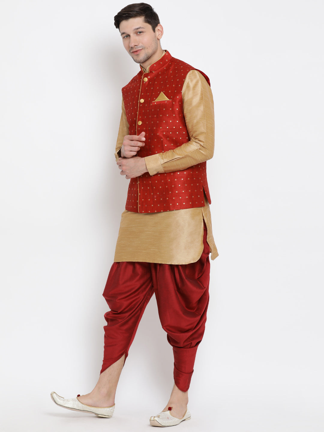 VM by Vastramay Men's Gold Silk Blend Jacket, Kurta And Dhoti Set - Distacart