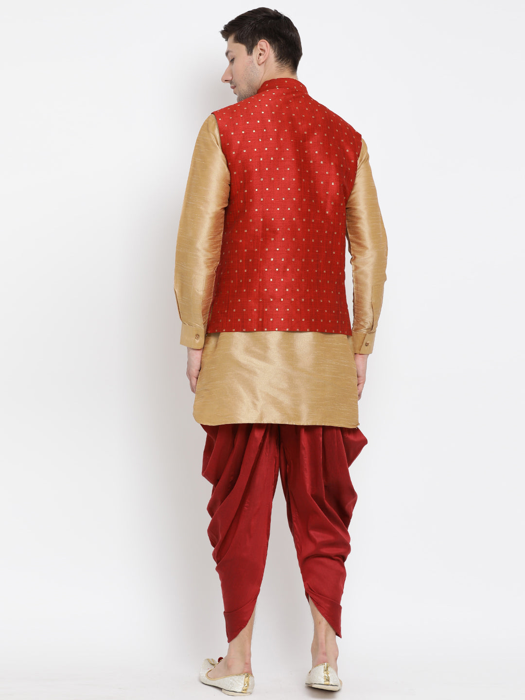 VM by Vastramay Men's Gold Silk Blend Jacket, Kurta And Dhoti Set - Distacart