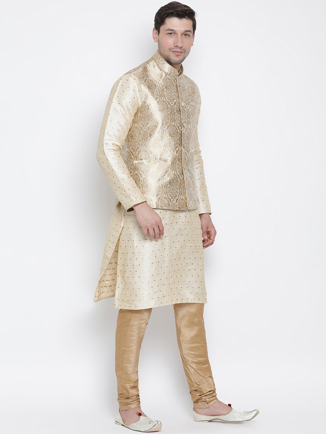 VM by Vastramay Men's Gold Silk Blend Jacket, Kurta And Pyjama Set - Distacart