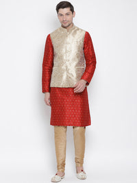 Thumbnail for VM by Vastramay Men's Maroon Silk Blend Jacket, Kurta And Pyjama Set - Distacart