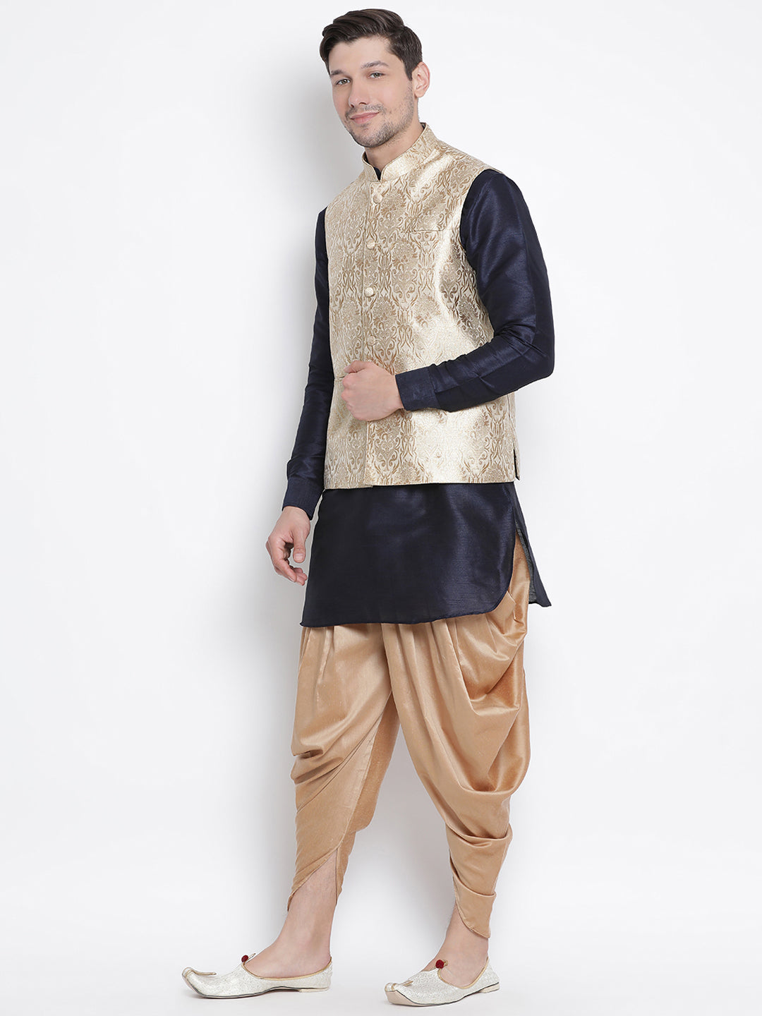 VM by Vastramay Men's Dark Blue Silk Blend Jacket, Kurta And Dhoti Set - Distacart