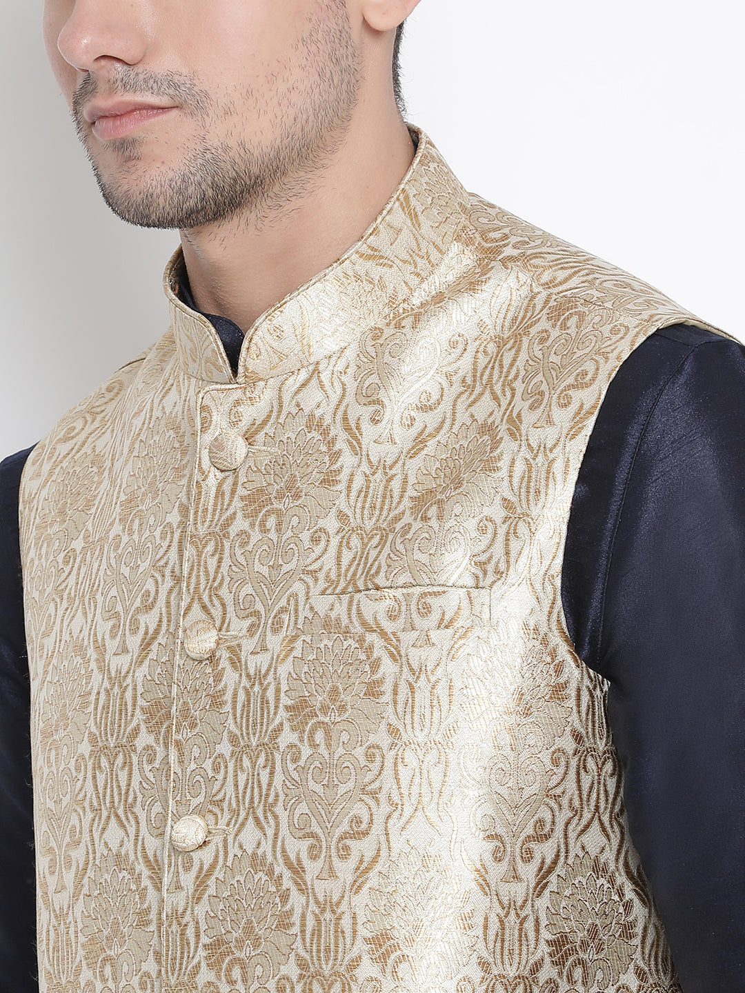 VM by Vastramay Men's Dark Blue Silk Blend Jacket, Kurta And Dhoti Set - Distacart