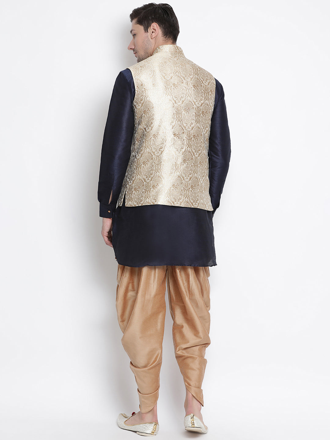 VM by Vastramay Men's Dark Blue Silk Blend Jacket, Kurta And Dhoti Set - Distacart