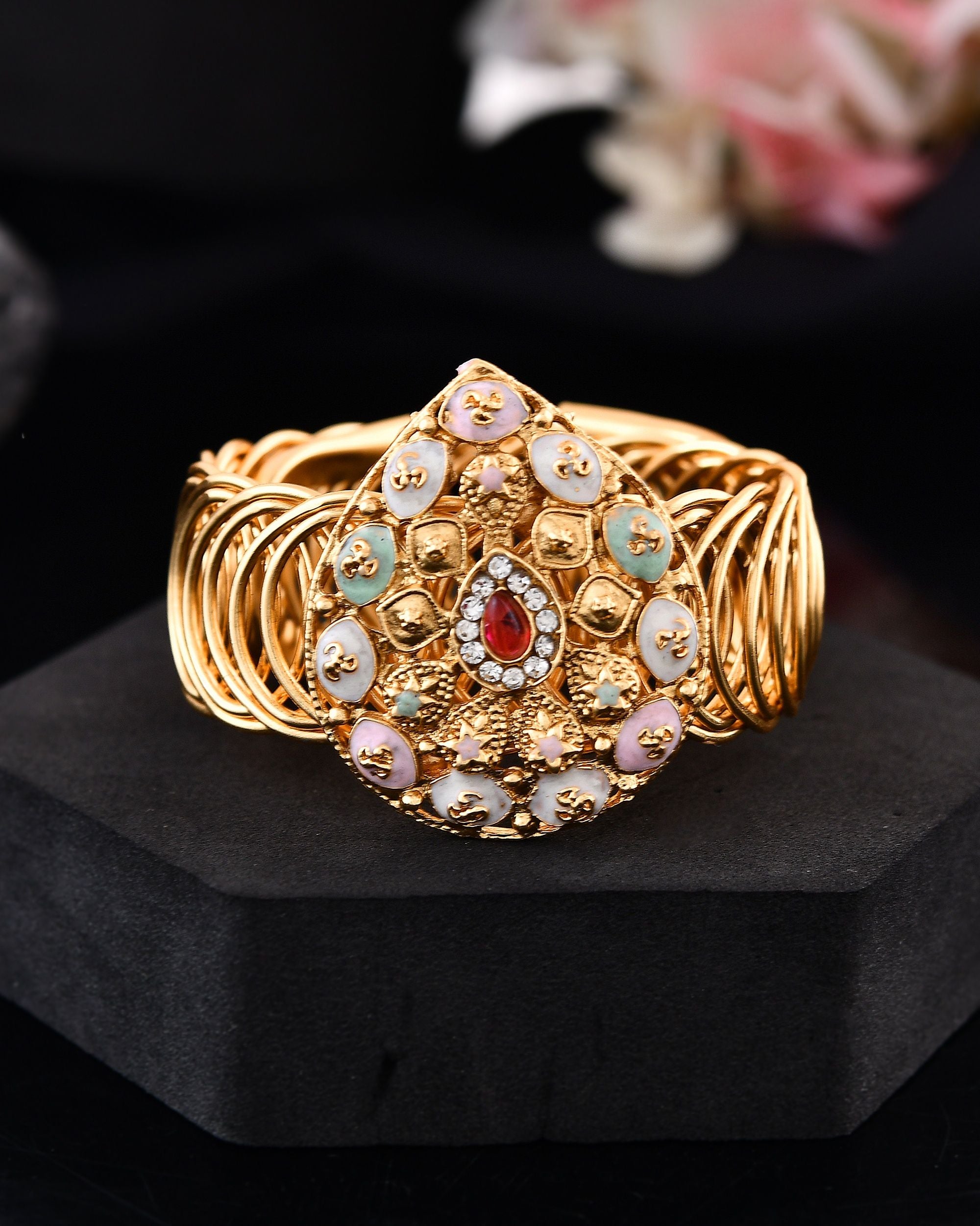 VOJ Stainless Steel Gold Polished Kundan Studded Wraparound Bracelet
