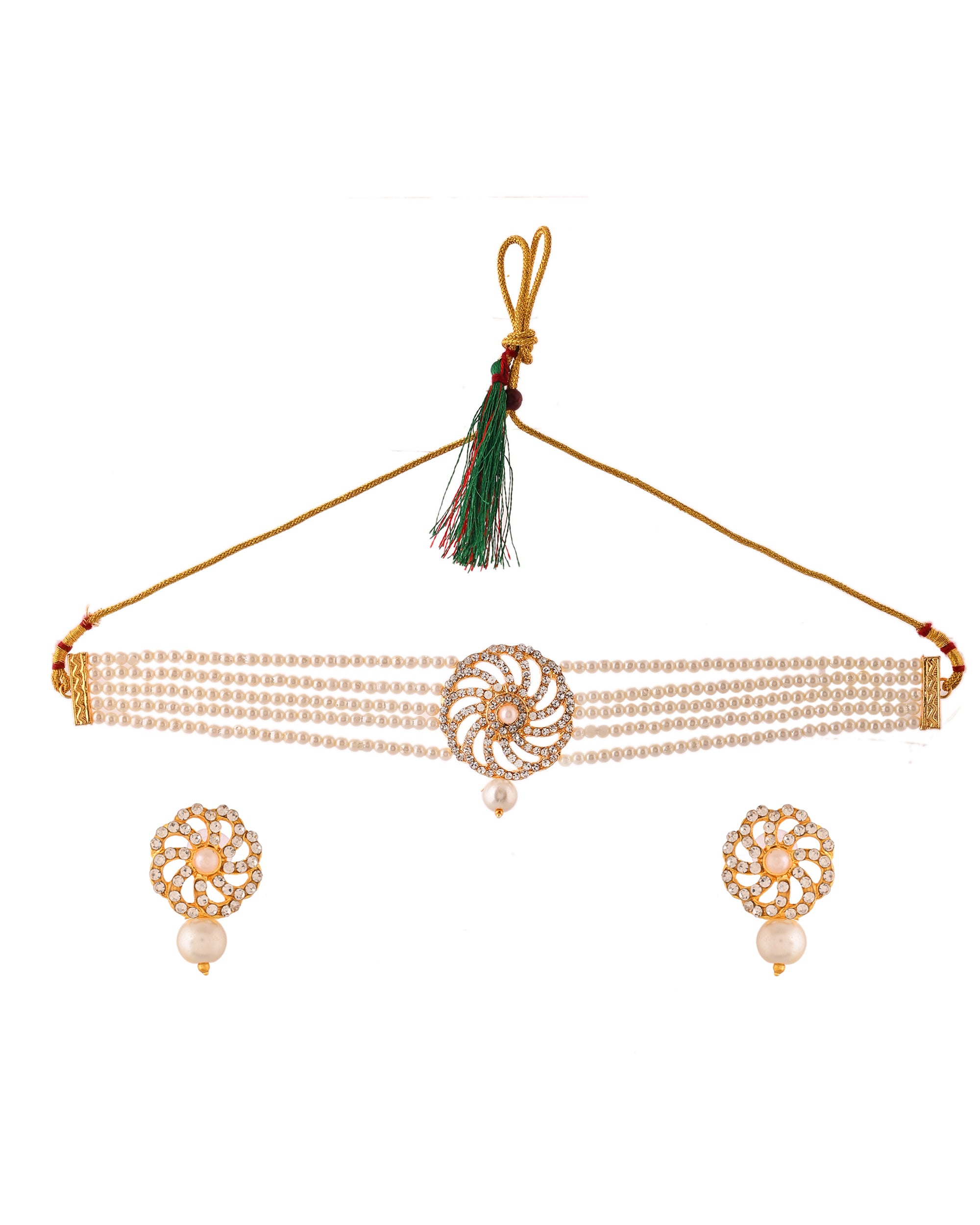 VOJ Gold Polished Stone And Pearl Studded Traditional Chokar Set