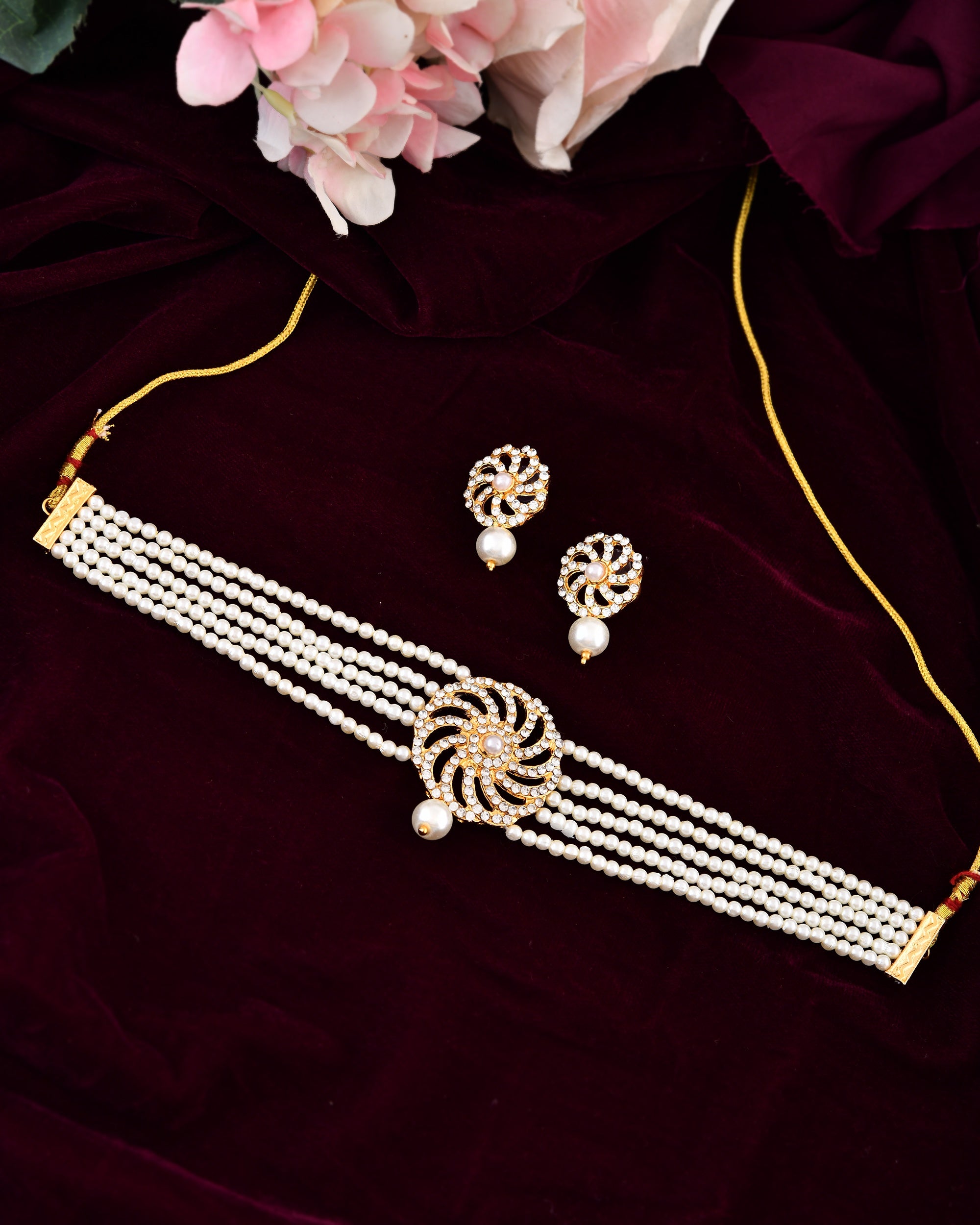 VOJ Gold Polished Stone And Pearl Studded Traditional Chokar Set