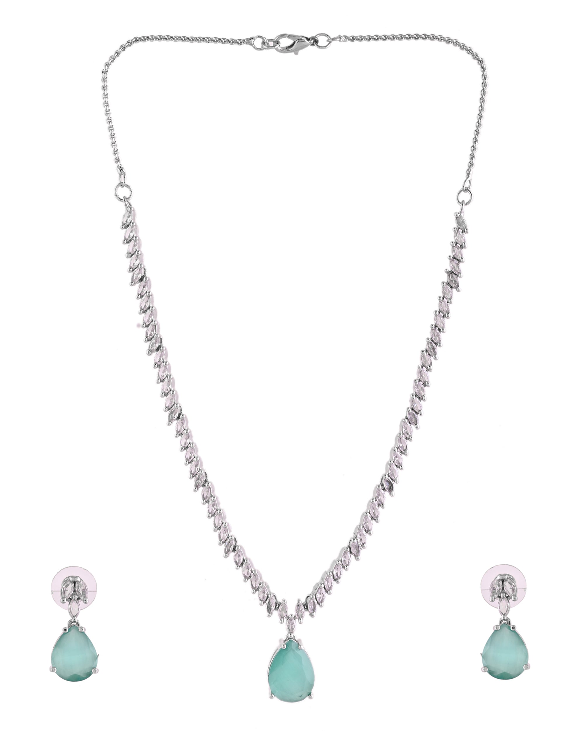 VOJ Silver Plated Sea Green Stone Studded Necklace Set