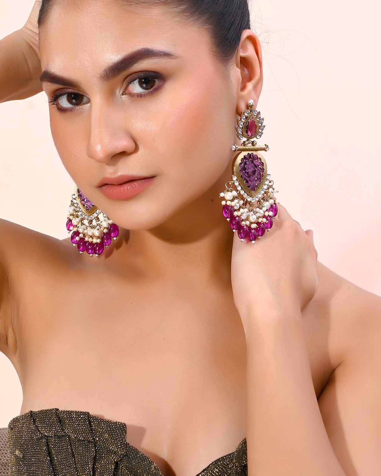 VOJ Gold Plated Purple Colour Drop And Dangle Statement Earrings