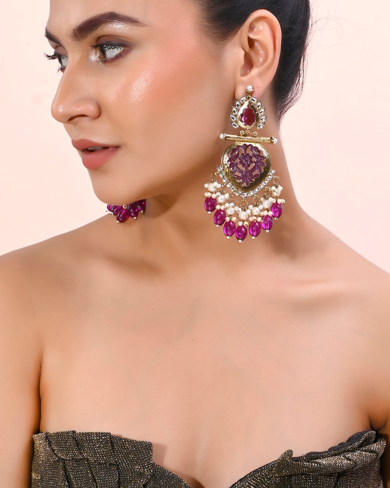 VOJ Gold Plated Purple Colour Drop And Dangle Statement Earrings