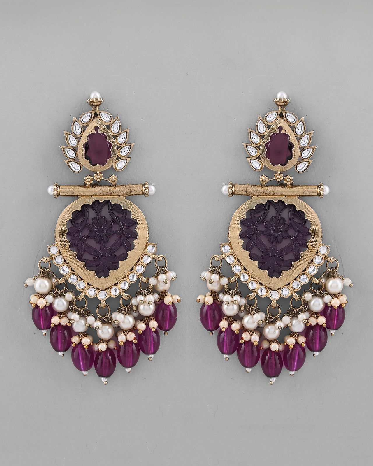 VOJ Gold Plated Purple Colour Drop And Dangle Statement Earrings