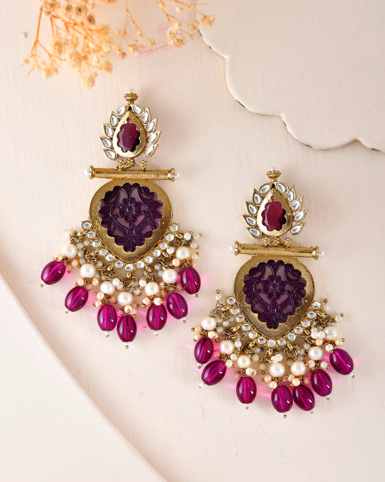 VOJ Gold Plated Purple Colour Drop And Dangle Statement Earrings