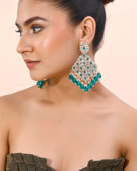 Thumbnail for VOJ Traditional Gold Plated Green & White AD Stone Statement Earrings