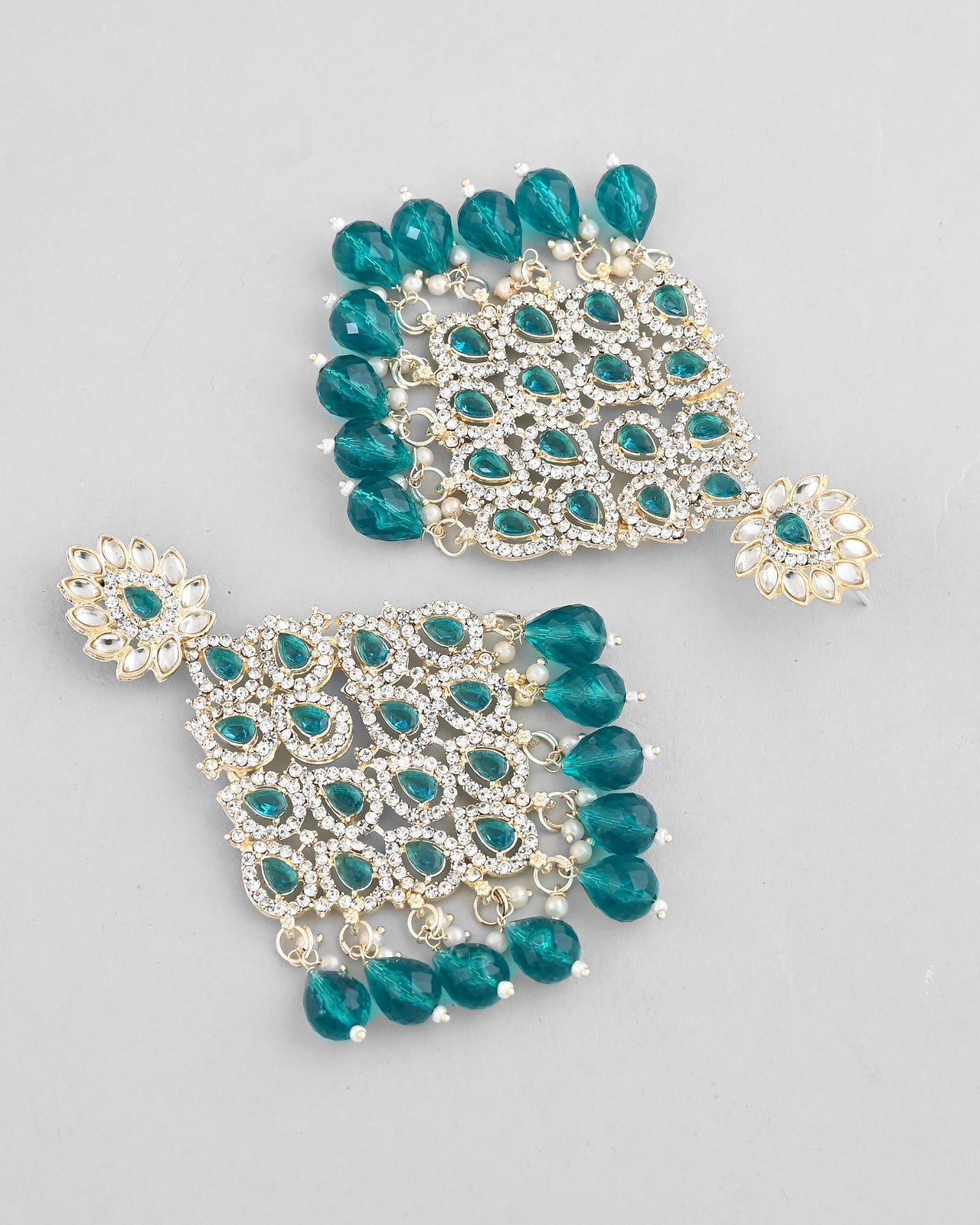 VOJ Traditional Gold Plated Green & White AD Stone Statement Earrings