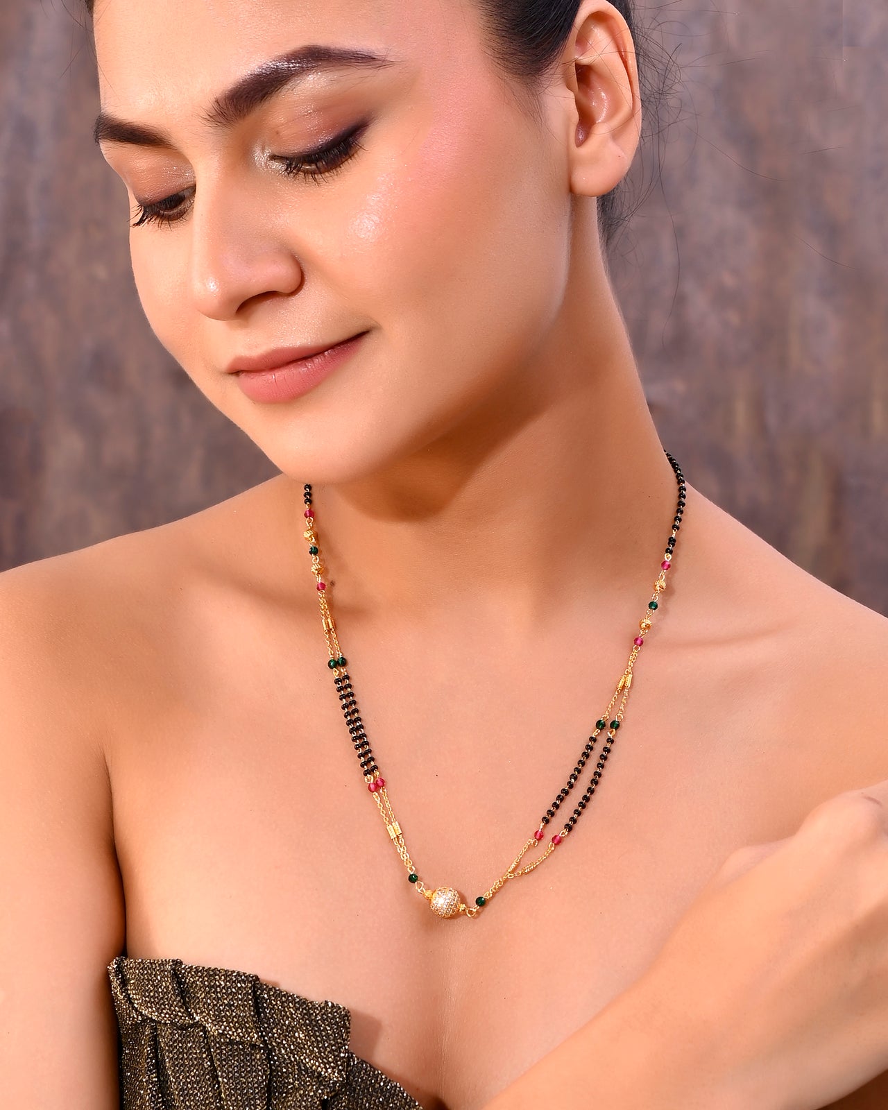 VOJ Gold-Plated AD-Studded & Beaded Layered Mangalsutra