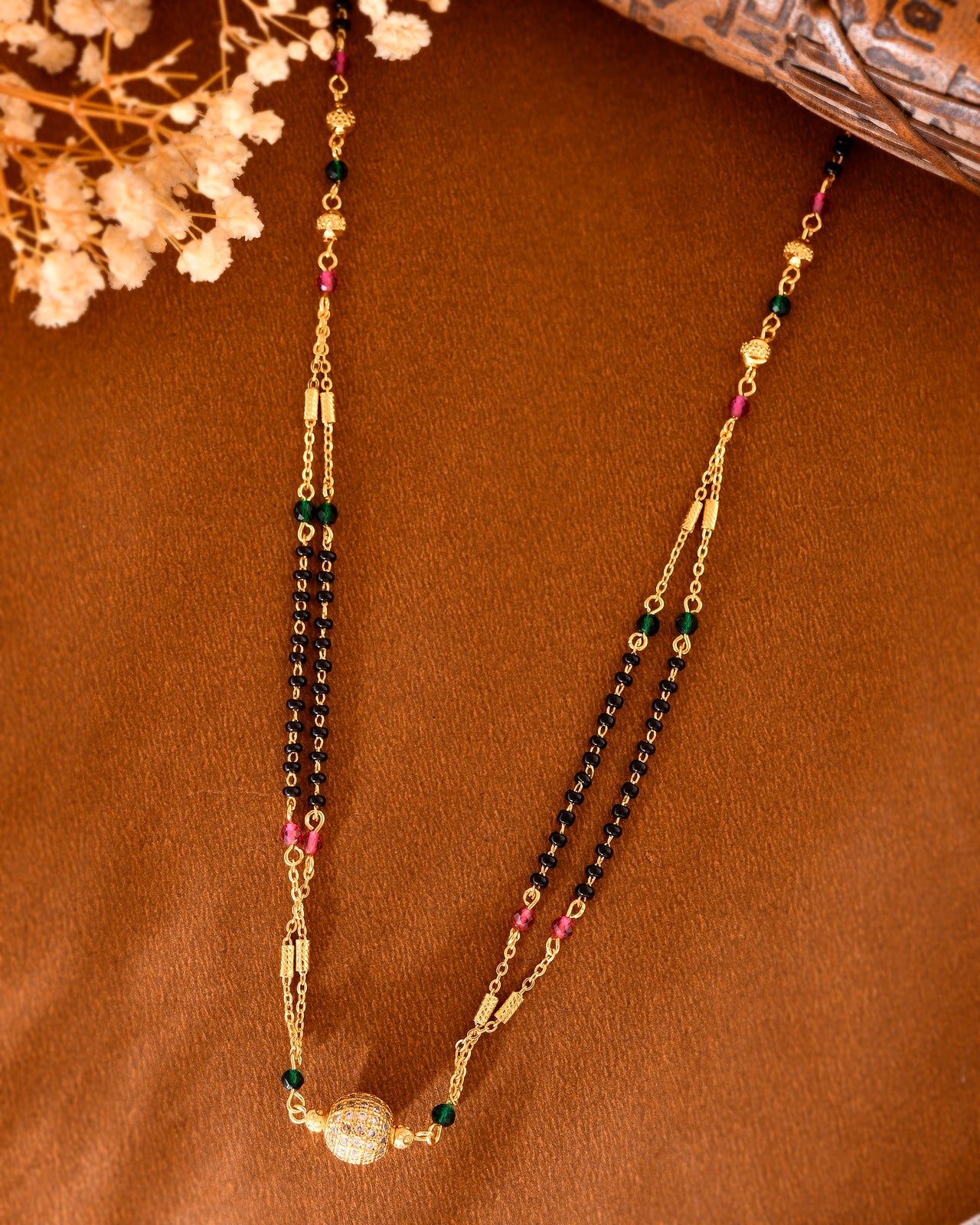 VOJ Gold-Plated AD-Studded & Beaded Layered Mangalsutra