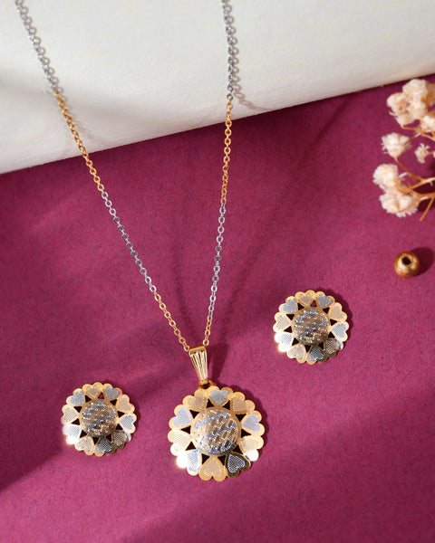 VOJ White and Yellow Gold Plated Chain With Flower shaped Pandent And Flower shaped Earrings