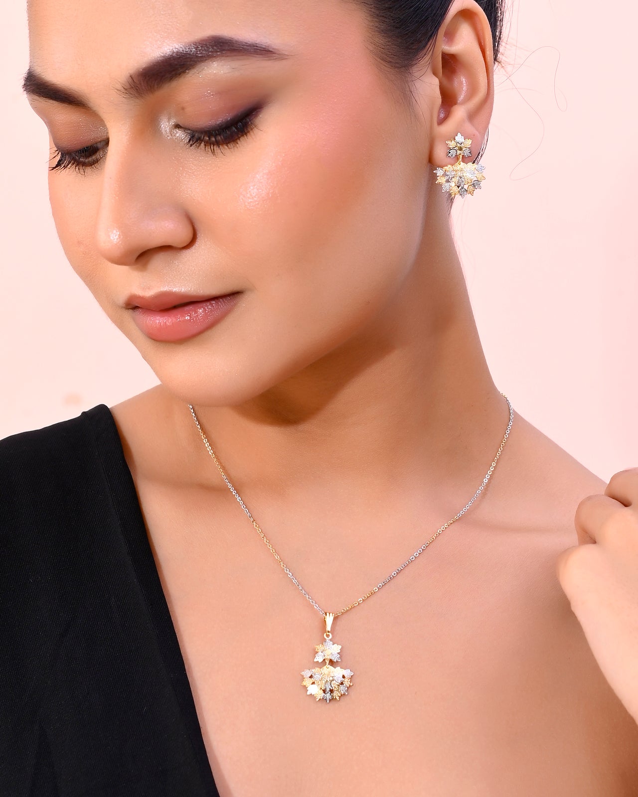 VOJ White and Yellow Gold Plated Chain With Leaf shaped Pandent And Leaf shaped Earrings