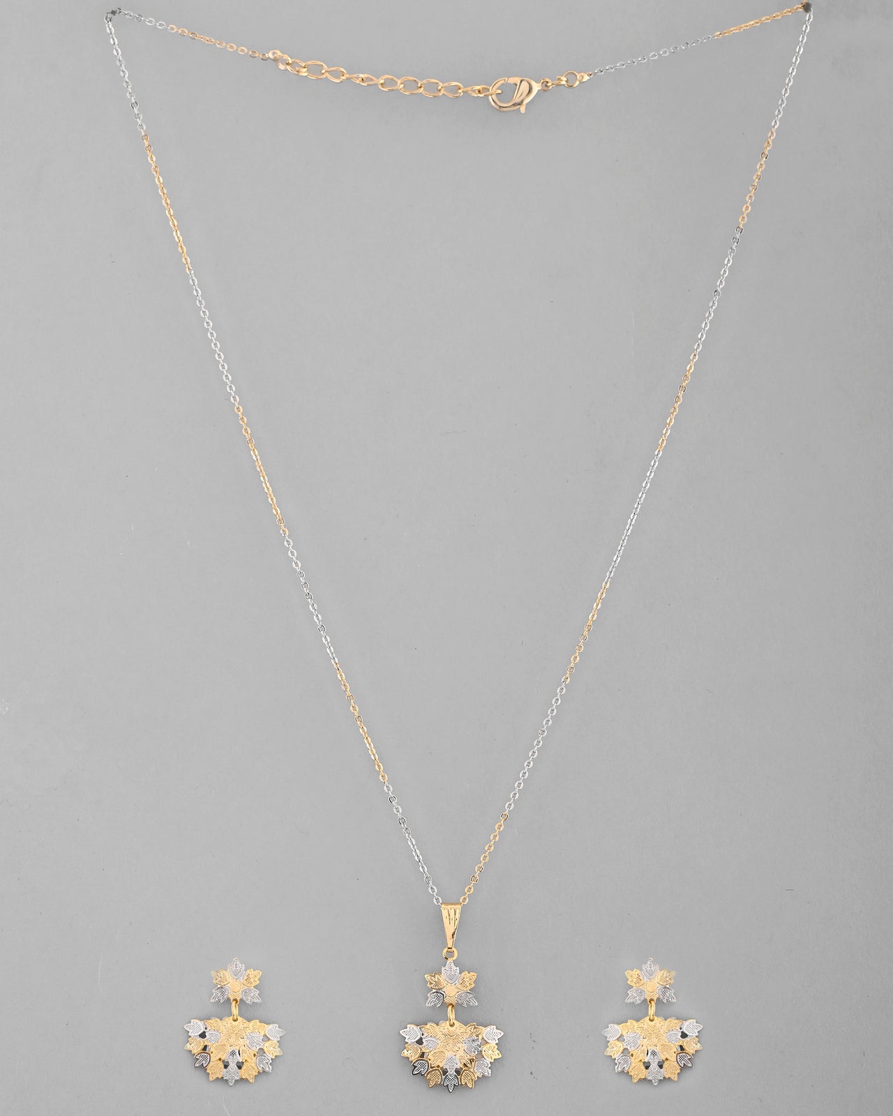 VOJ White and Yellow Gold Plated Chain With Leaf shaped Pandent And Leaf shaped Earrings