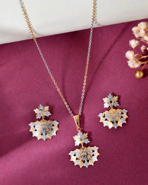 VOJ White and Yellow Gold Plated Chain With Leaf shaped Pandent And Leaf shaped Earrings