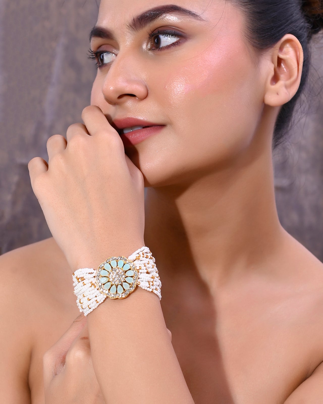 VOJ Gold Plated Green Flower Studded And Beaded Mutli Layer Bracelet