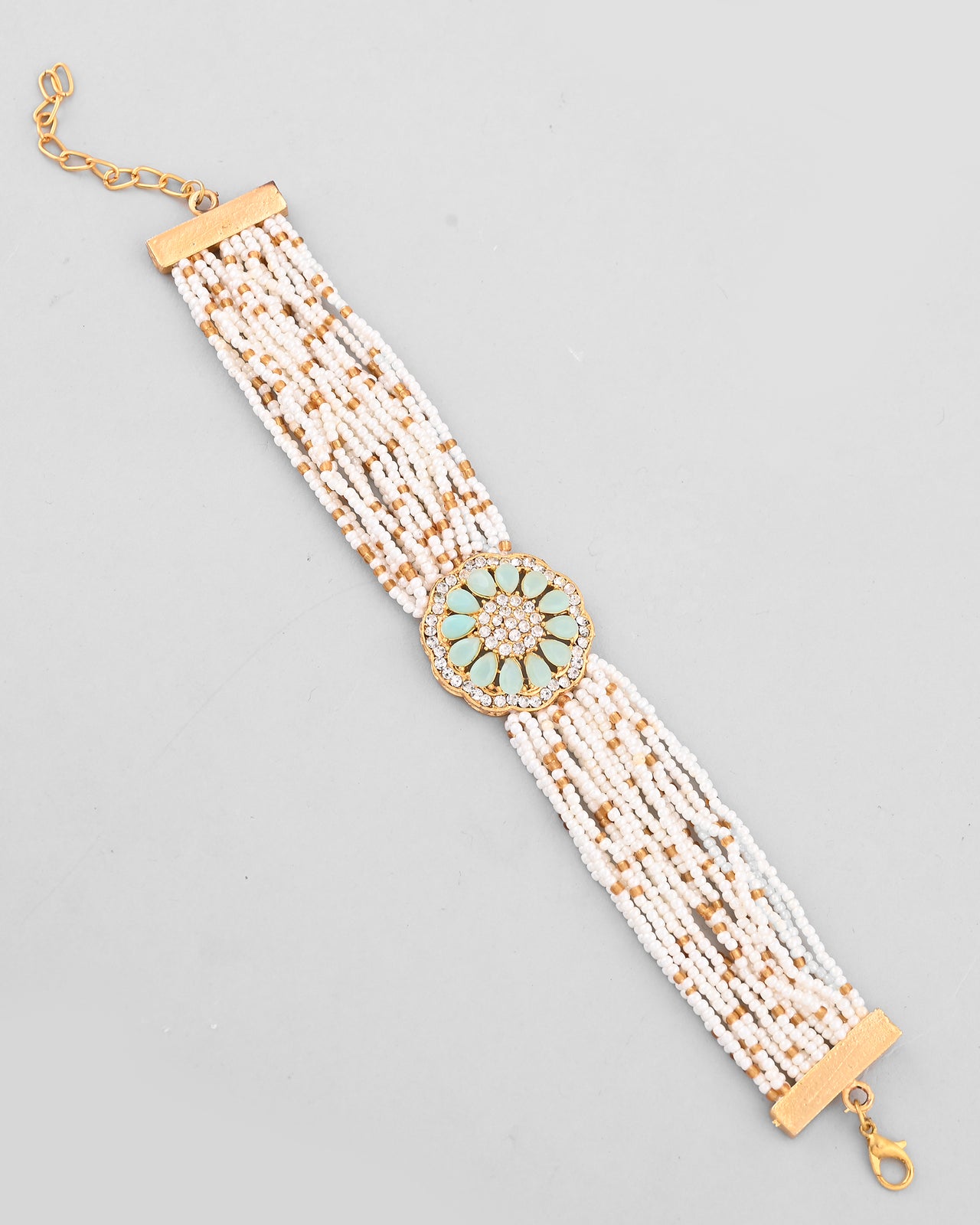 VOJ Gold Plated Green Flower Studded And Beaded Mutli Layer Bracelet