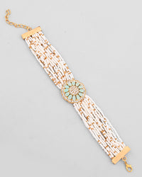 Thumbnail for VOJ Gold Plated Green Flower Studded And Beaded Mutli Layer Bracelet