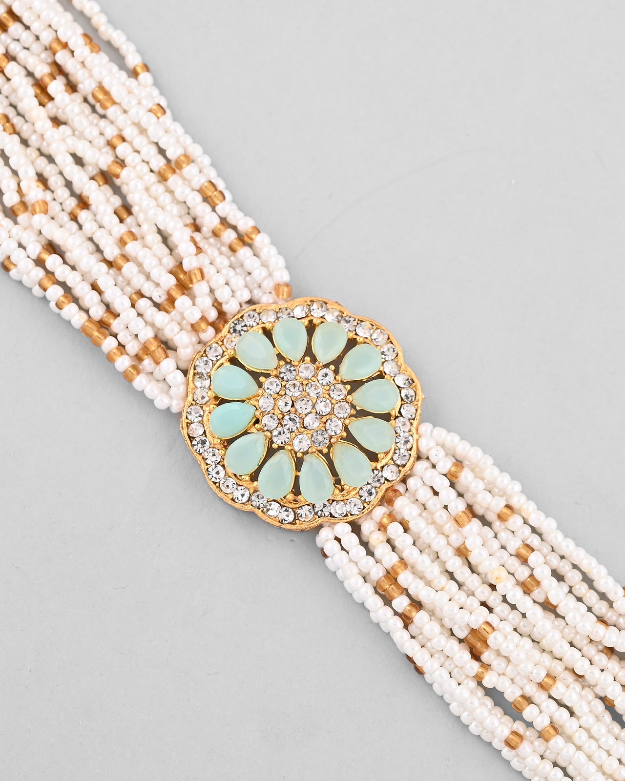VOJ Gold Plated Green Flower Studded And Beaded Mutli Layer Bracelet