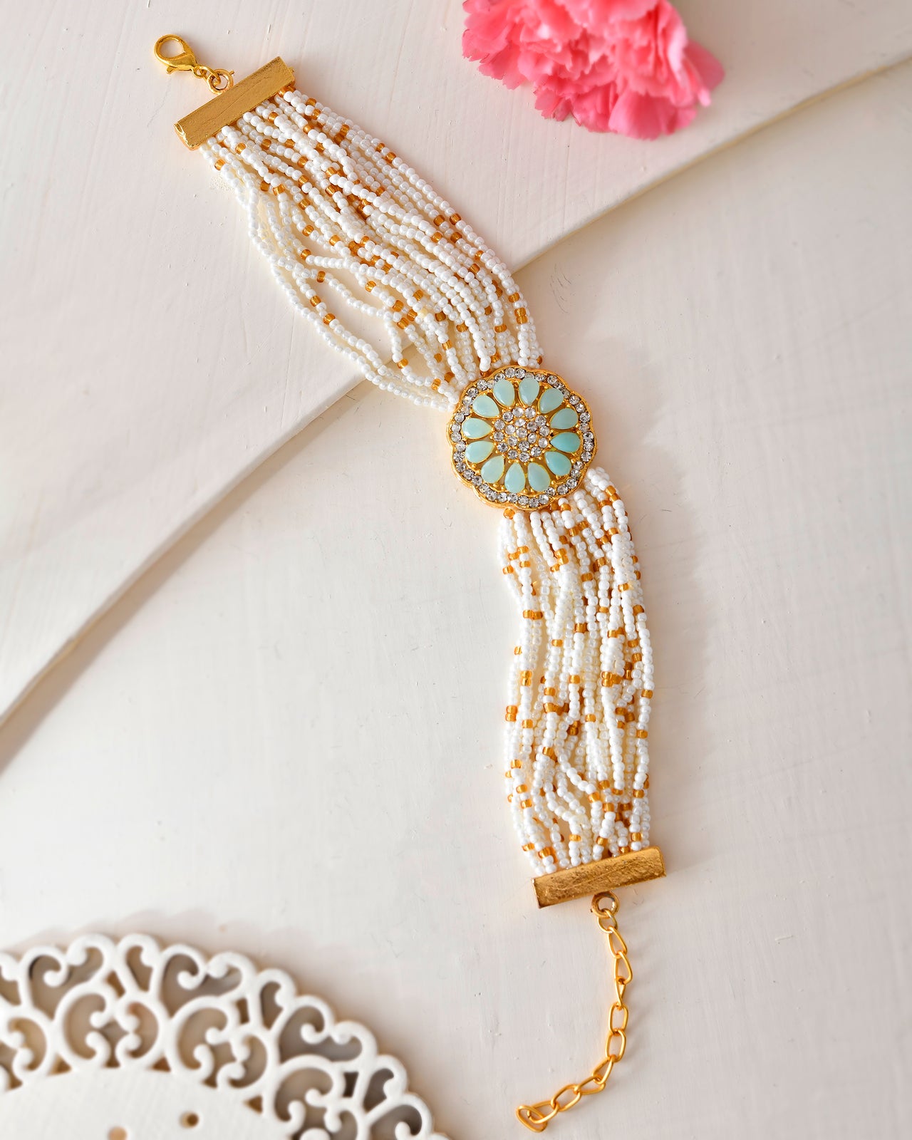 VOJ Gold Plated Green Flower Studded And Beaded Mutli Layer Bracelet